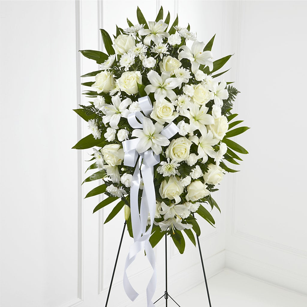 Exquisite Tribute Standing Spray-White Ribbon – New Rochelle Florist, New Rochelle NY